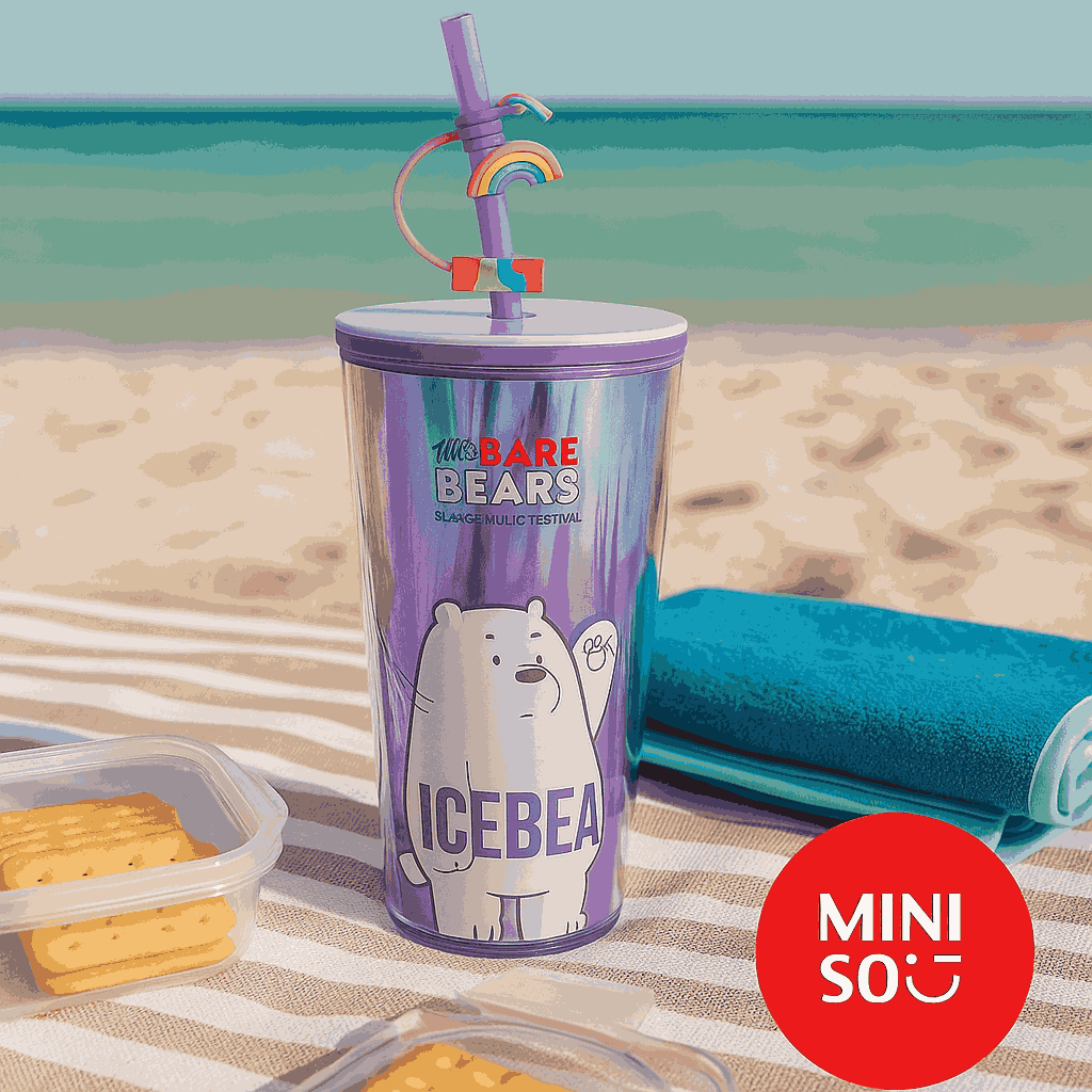 We Bare Bears Seaside Music Festival Double Wall Plastic Tumbler With Straw (800ML)(Ice B