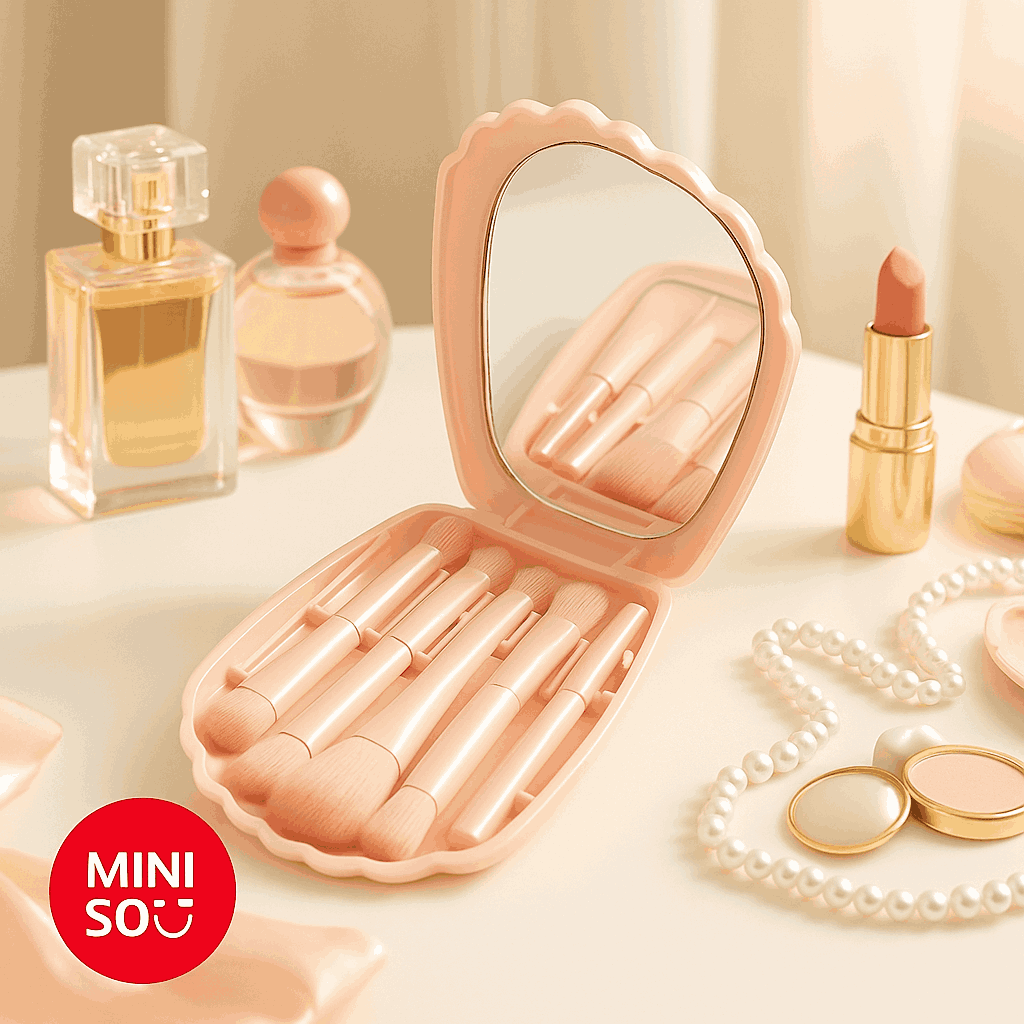 Shell Shape Storage Box Makeup Brushes Set With Mirror (Pink)Miniso