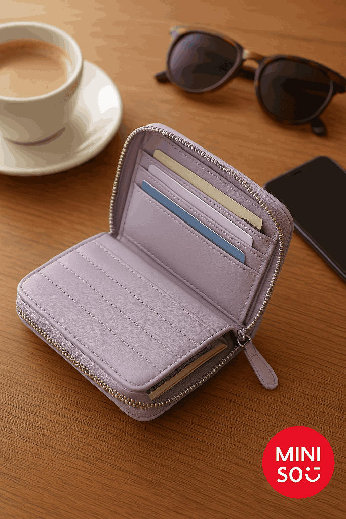 Classic Strip Tri-Fold Zip-Around Women's Wallet (Pink) Miniso