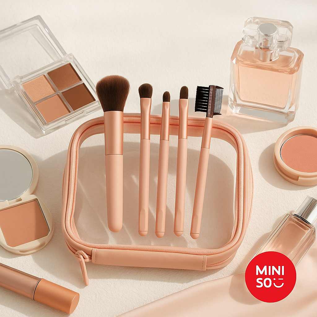 Makeup Brushes Set With Storage Bag (5 Pieces ,Gold) Miniso