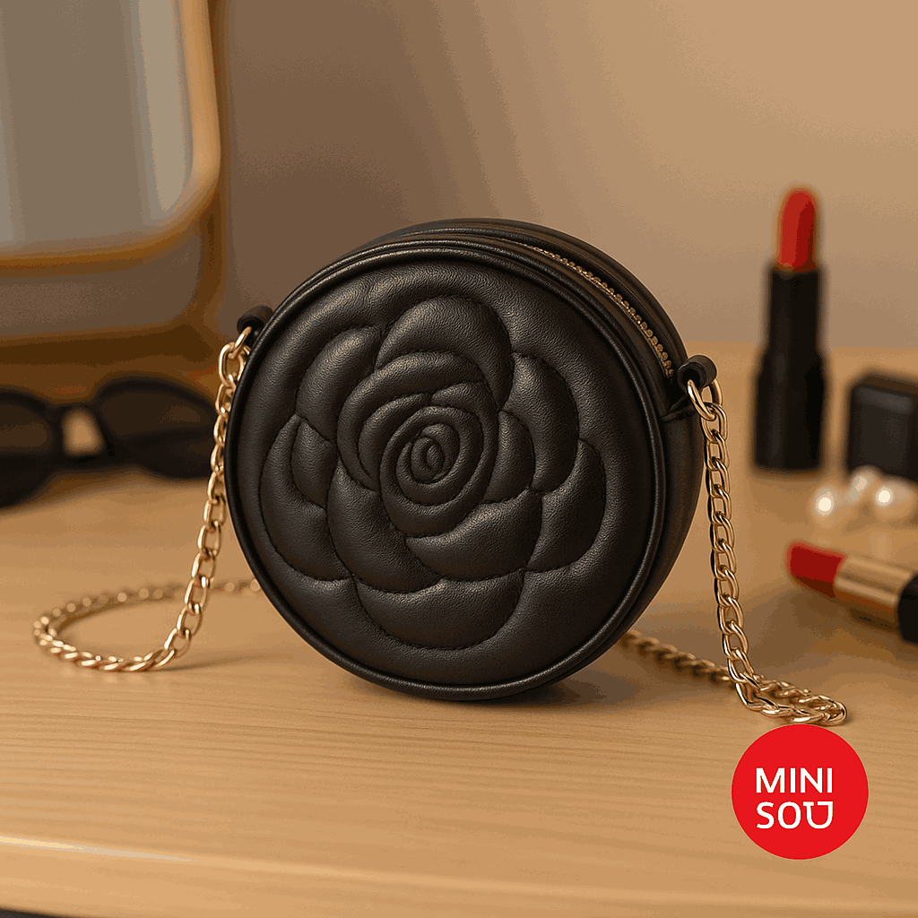 Rose Quilted Round Crossbody Bag With Chain (Black)