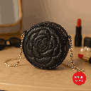 Rose Quilted Round Crossbody Bag With Chain (Black)