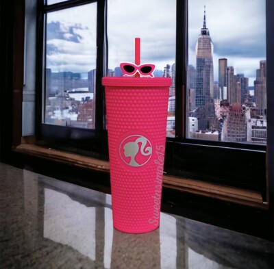 MINISO Barbie Travel Tumbler 24 oz Studded Cup with Lid and Straw Vacuum Insulated Water Bottle Holder Compatible BPA-Free Fashionable Plastic Cup for girls and kids| Car School Home Party Pink