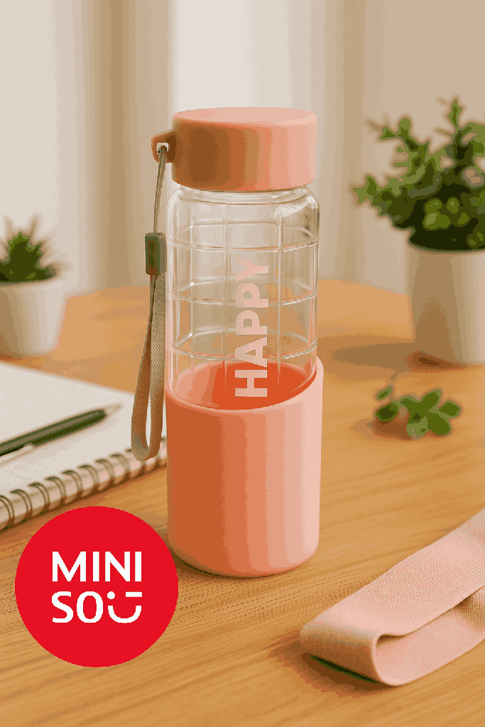 HAPPY High Borosilicate Glass Bottle with Silicone Cover 370mL(Pink)