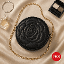 Rose Quilted Round Crossbody Bag With Chain (Black)