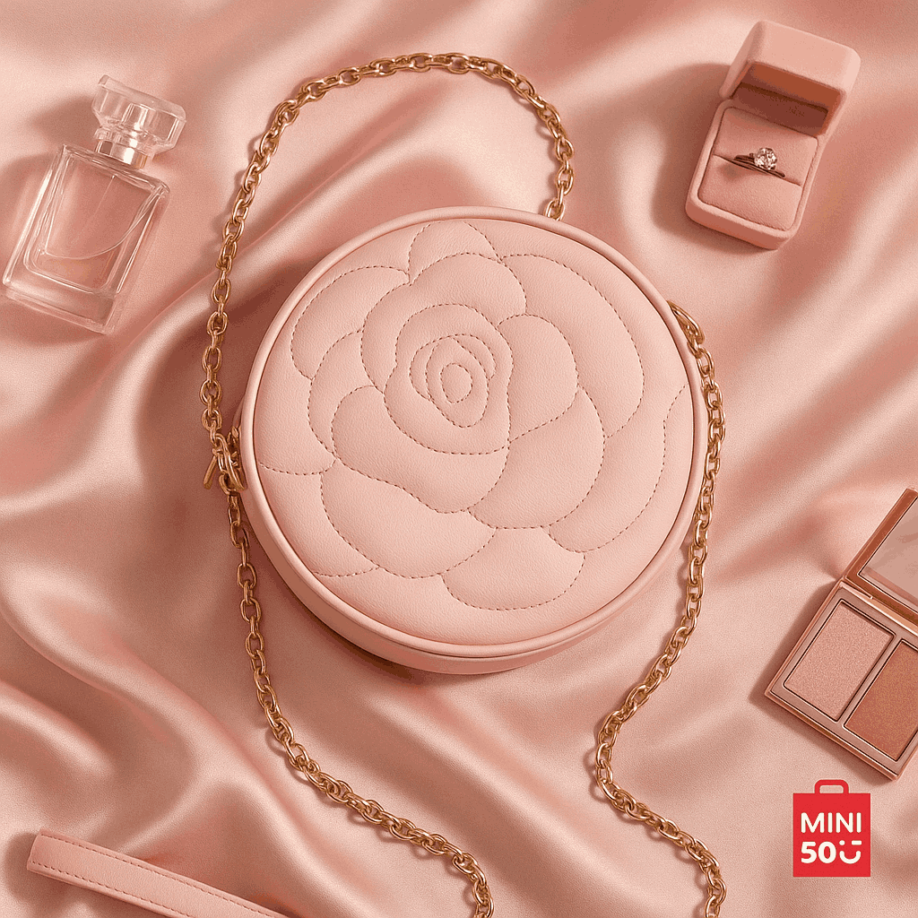 Rose Quilted Round Crossbody Bag With Chain (Pink)