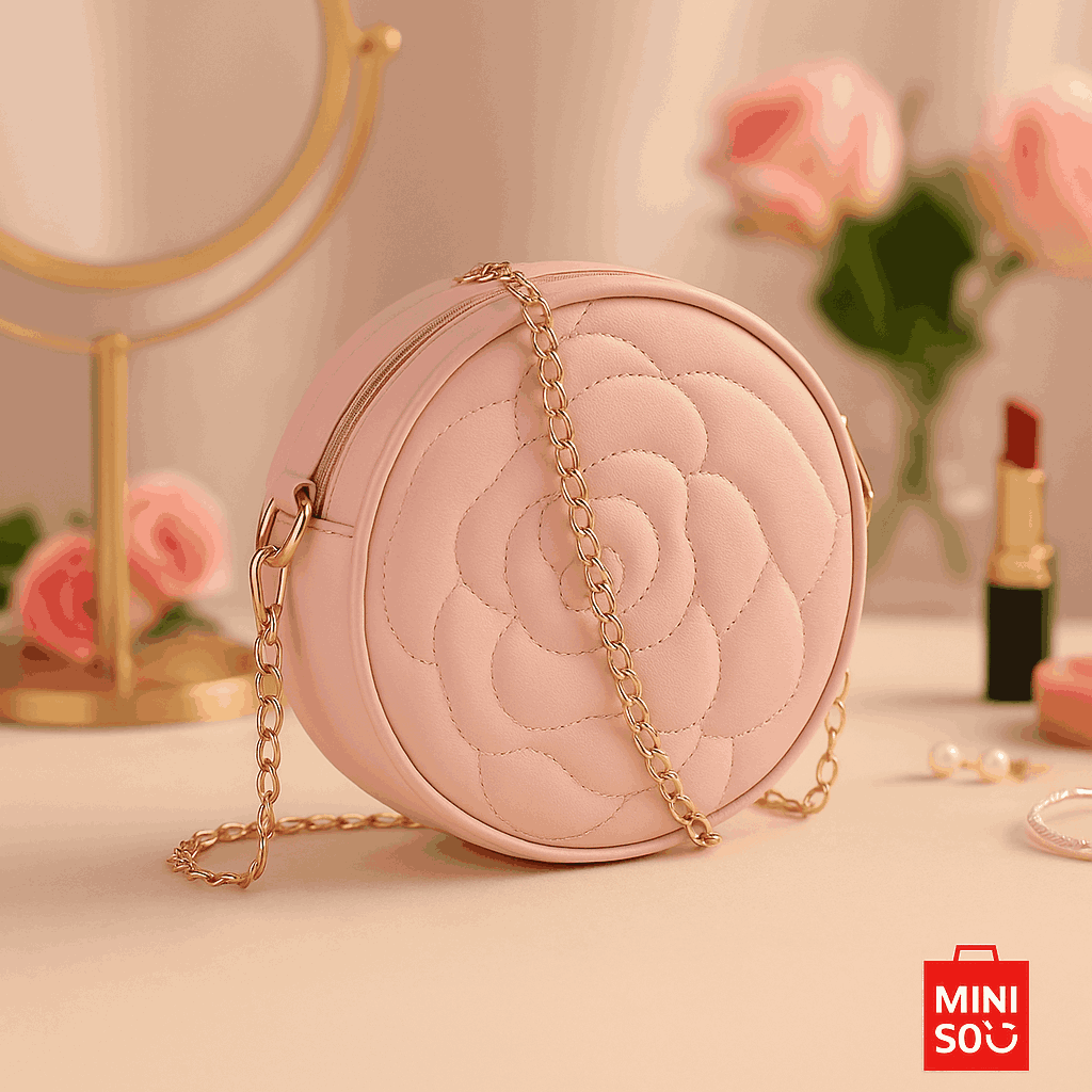 Rose Quilted Round Crossbody Bag With Chain (Pink)