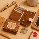 Woman,s Cute Fuzzy Bear Zip Around Zip Short Bifold Wallet (Brown)