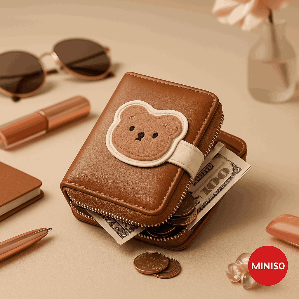 Woman,s Cute Fuzzy Bear Zip Around Zip Short Bifold Wallet (Brown)