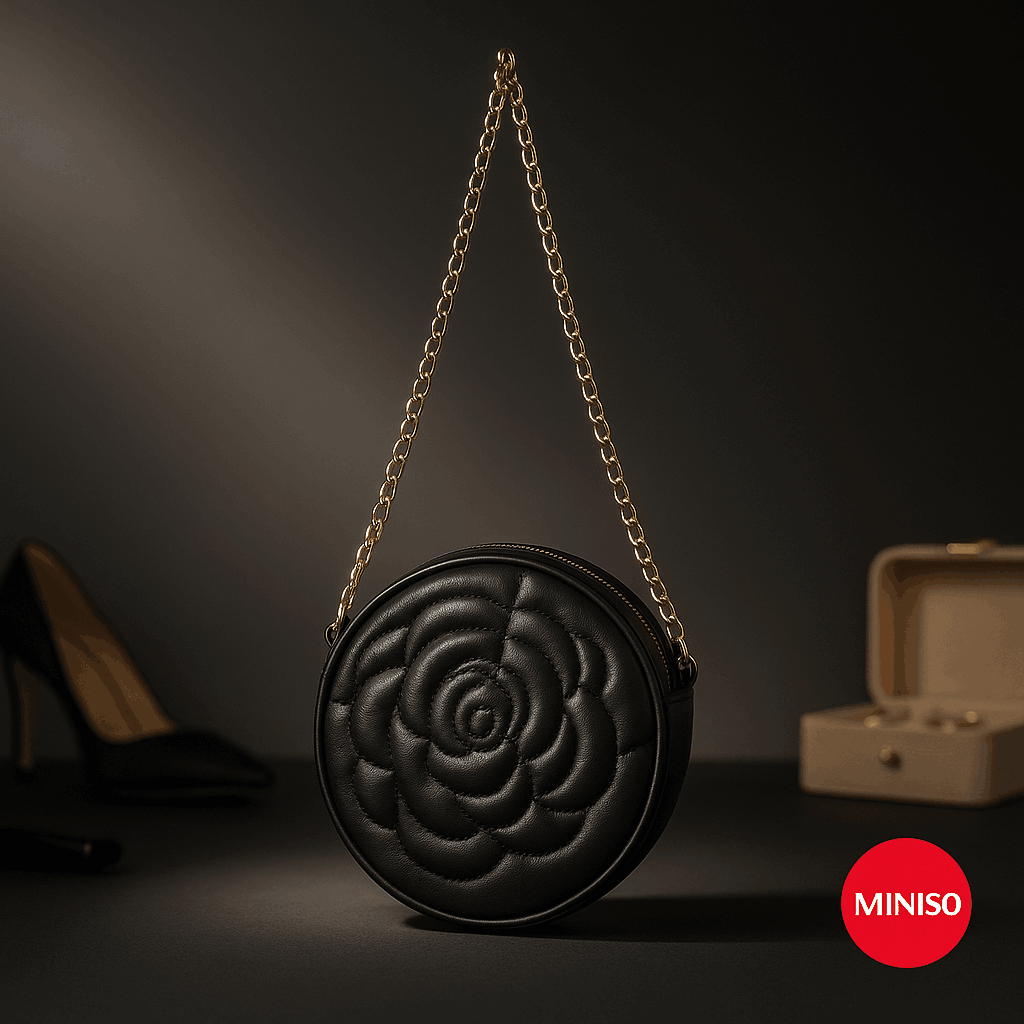Rose Quilted Round Crossbody Bag With Chain (Black)