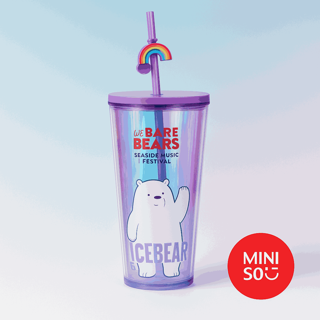 We Bare Bears Seaside Music Festival Double Wall Plastic Tumbler With Straw (800ML)(Ice Bear)