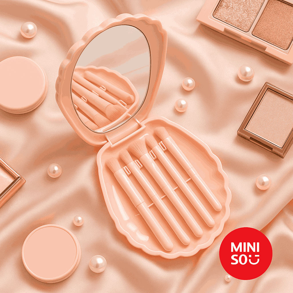 Shell Shape Storage Box Makeup Brushes Set With Mirror (Pink)Miniso