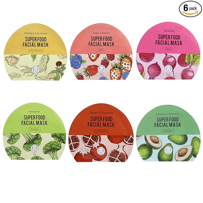 MINISO Facial Sheet Masks, Super Organic Pomegranate & Avocado for Antioxidant, Korean Ginseng & Broccoli Brighten Skin, Berry & Beet Give Skin Elasticity Vitality, 6 Pack
